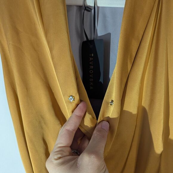 Tavrovska Mustard Yellow Gold Satin Genuine Wrap Maxi Dress Gown NWT - Picture 6 of 8